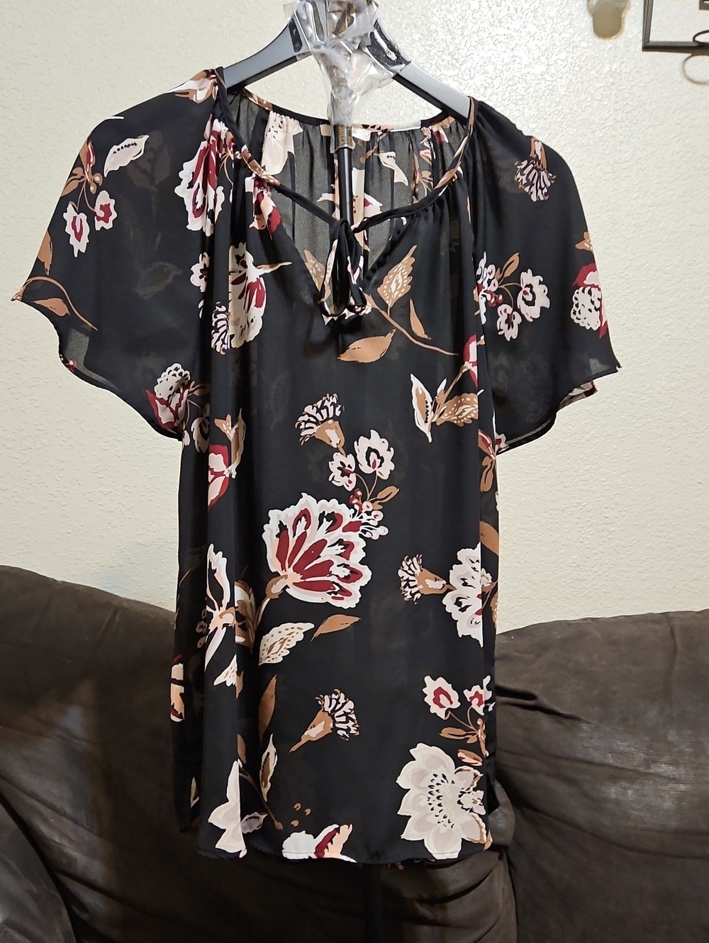 Maurices Black Floral Tie-Neck Blouse with Cream & Burgundy Accents